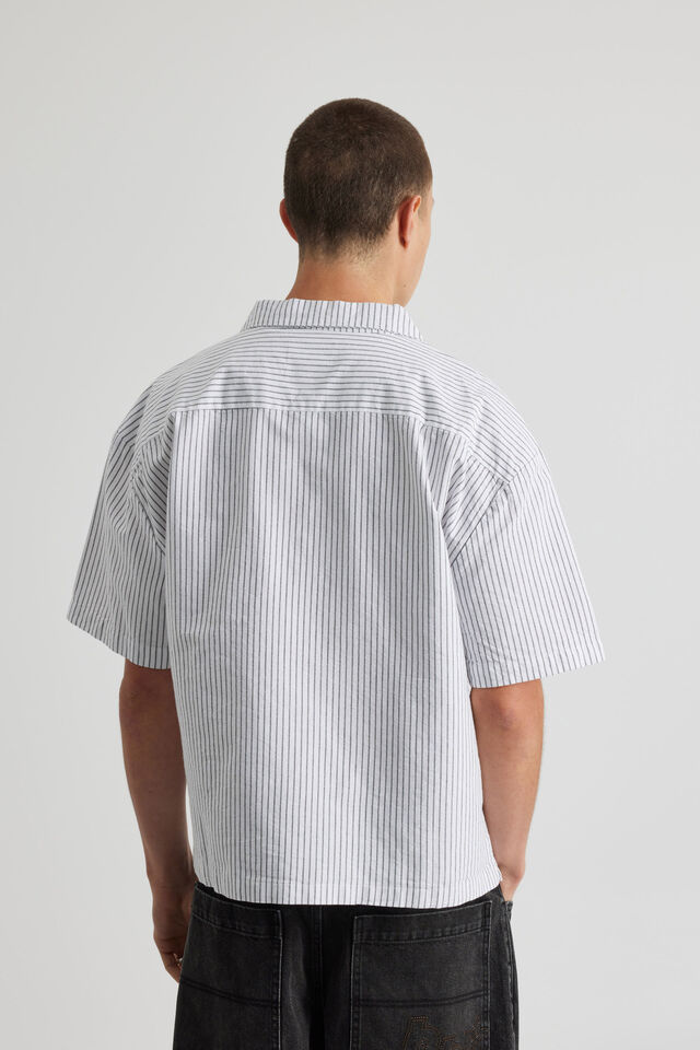 Boxy Cropped Short Sleeve Shirt, BLACK WHITE OXFORD STRIPE