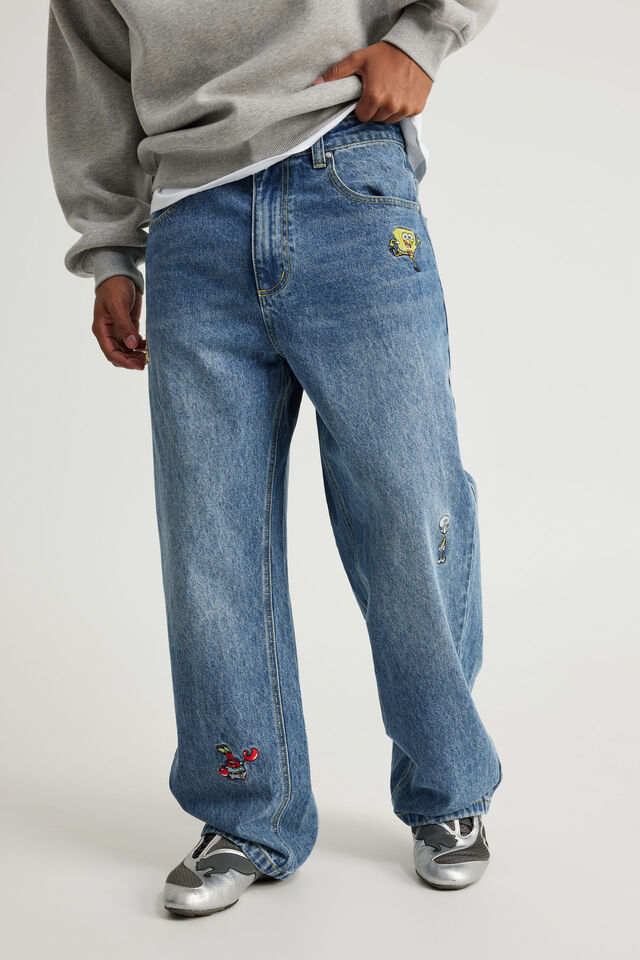 Spongebob X Half Half Painter Baggy Denim Jean, LCN NIC TDAL BLUE/SPONGEBOB