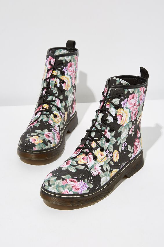 Combat Boot, BLACK FLORAL