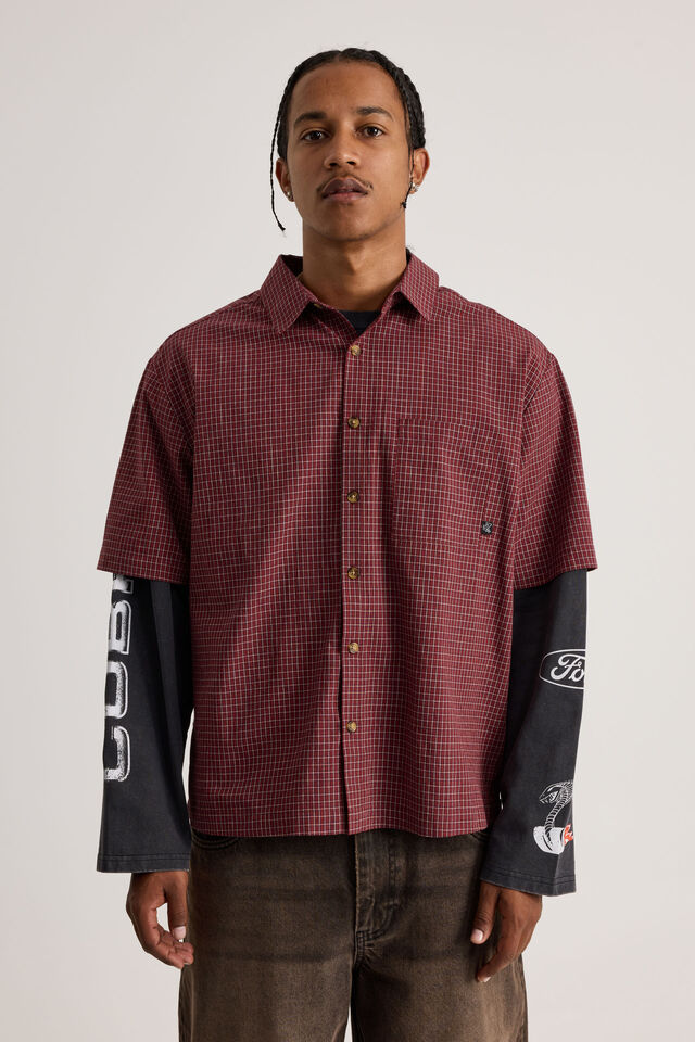Half Half Short Sleeve Shirt, HH RED GREY/MICRO CHECK