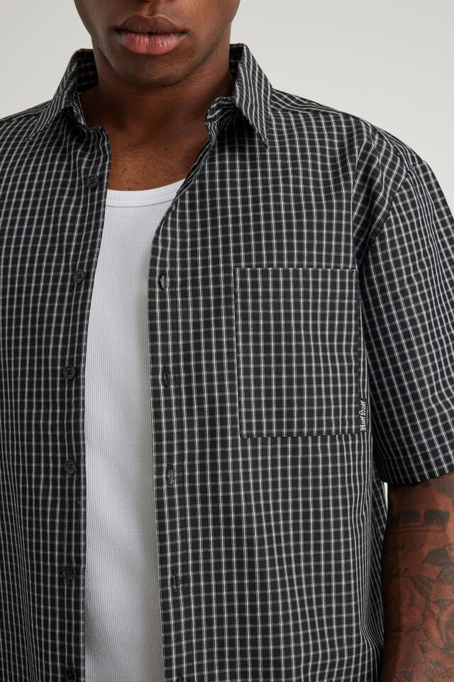 Half Half Short Sleeve Shirt, HH BLACK WHITE GRID CHECK