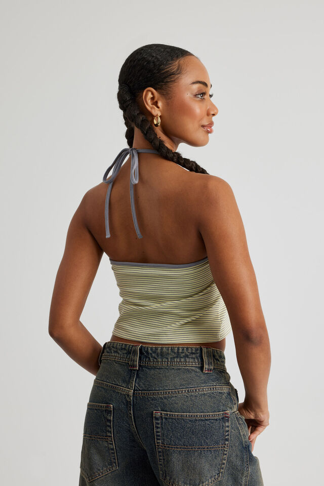 Milly V Neck Halter Top, YELLOW/STEEL STRIPE