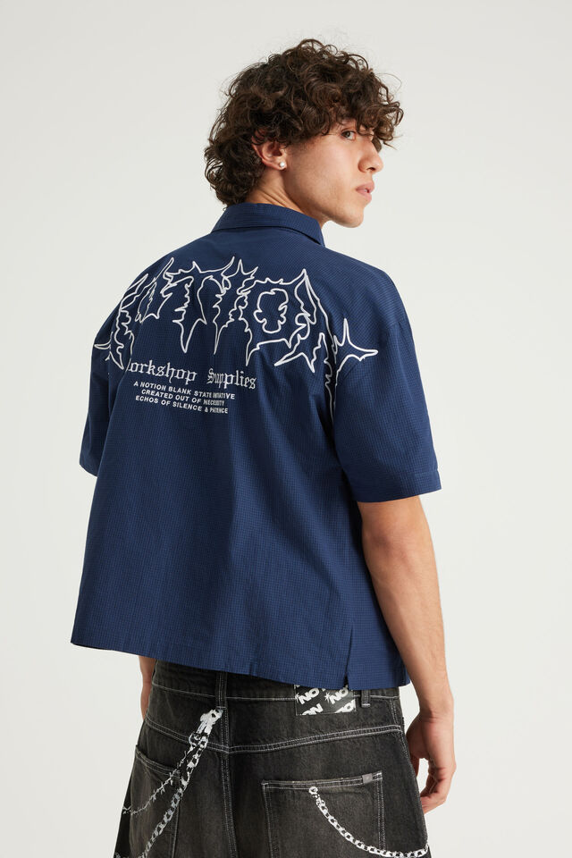 Notion Boxy Cropped Short Sleeve Shirt, NOTION BLUE CHECK/BACK SCRIPT & POCKET