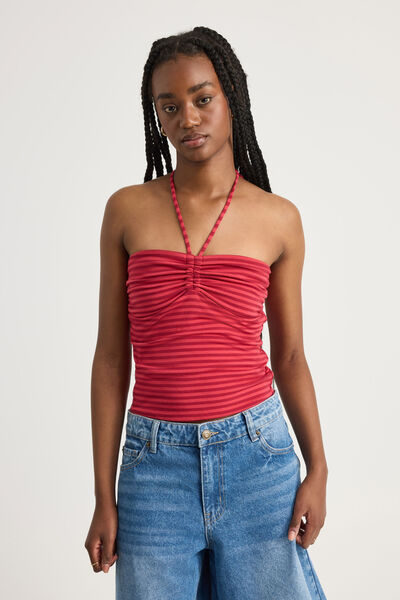 Ruched Front Bandeau Halter, RANCH RED STRIPE