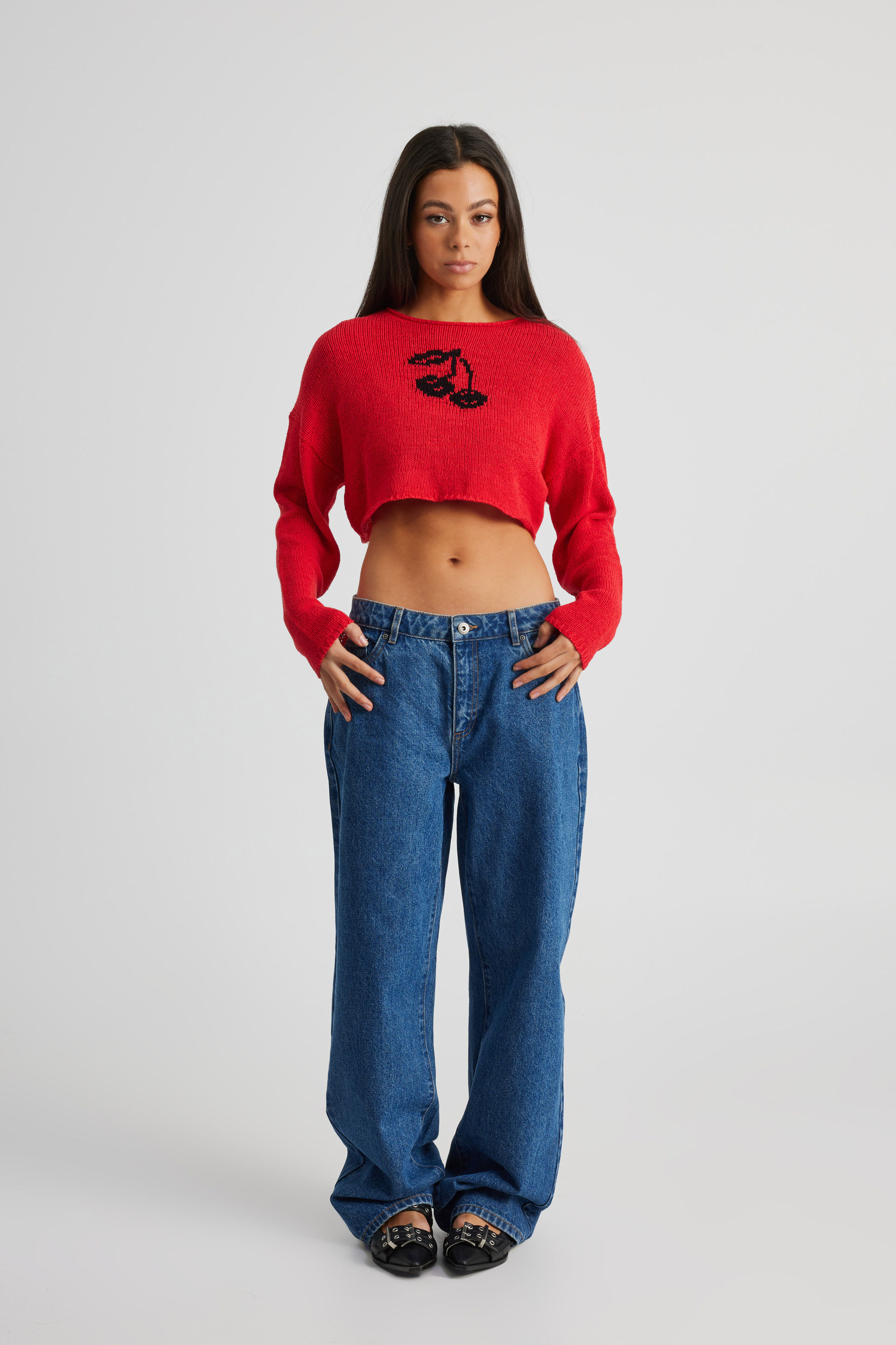 ☆NERDY☆ Women's Denim Mix Track Top Deep Red Open Knit Crop Jacquard Jumper