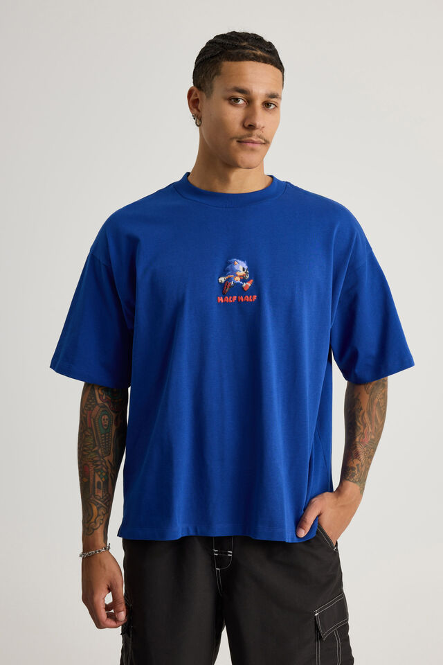Sonic X Half Half Heavy Weight Box Fit Tshirt, LCN SEG CORPORATE BLUE/SONIC ZOOM