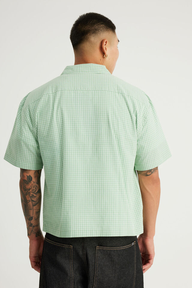 Half Half Boxy Cropped Short Sleeve Shirt, HH GREEN CHECK WHT HANDSTYLE EMB
