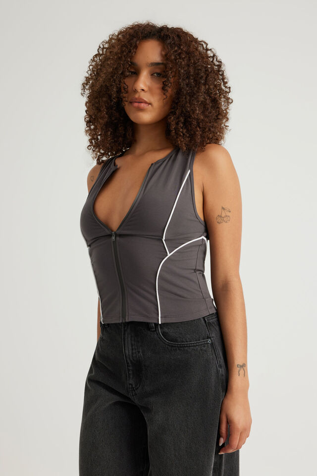 Panelled Zip Through Tank, WASHED BLACK/WHITE PIPING