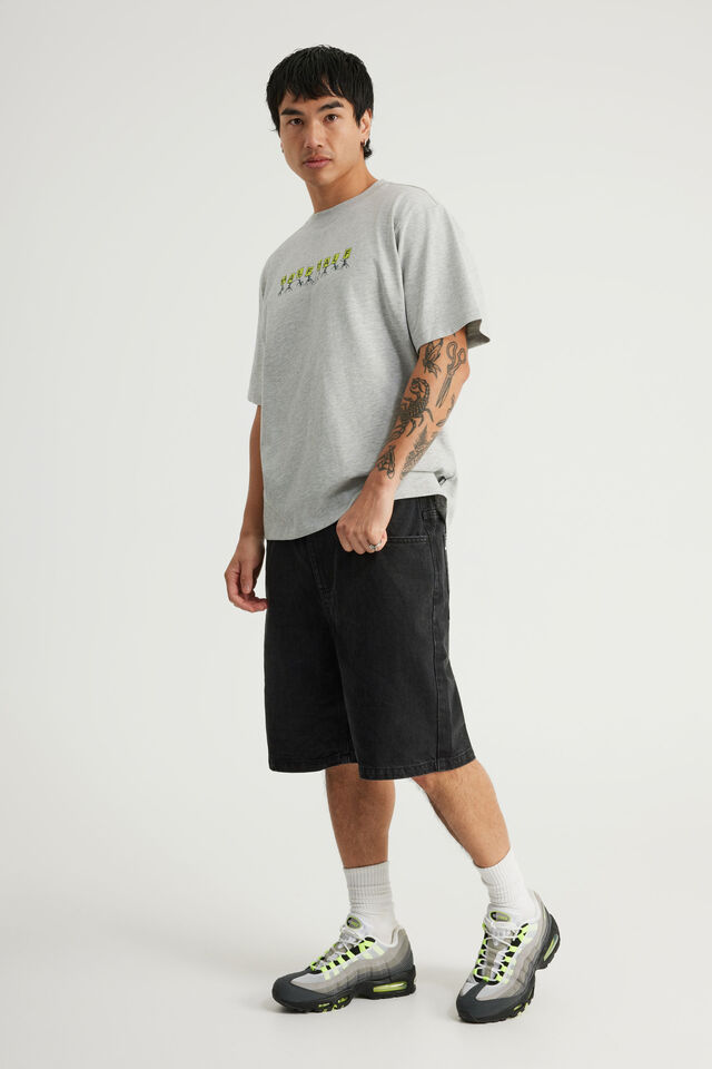 Half Half Baggy Denim Short, WORN BLACK