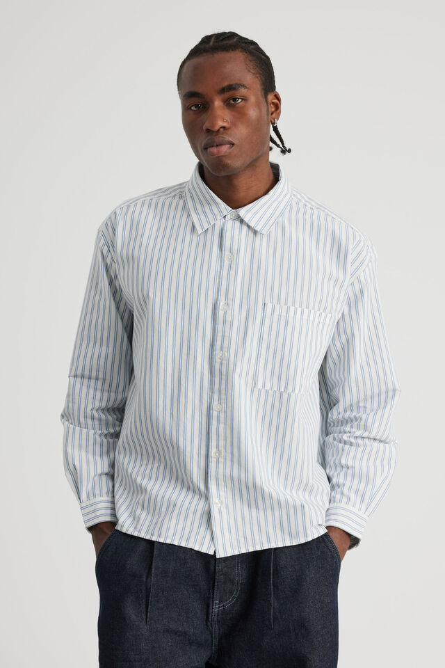 Authentics Boxy Cropped Long Sleeve Shirt, BLUE WHITE PINSTRIPE