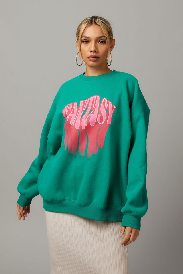 Slouchy Premium Graphic Crew, PEPPER GREEN/FANTASY