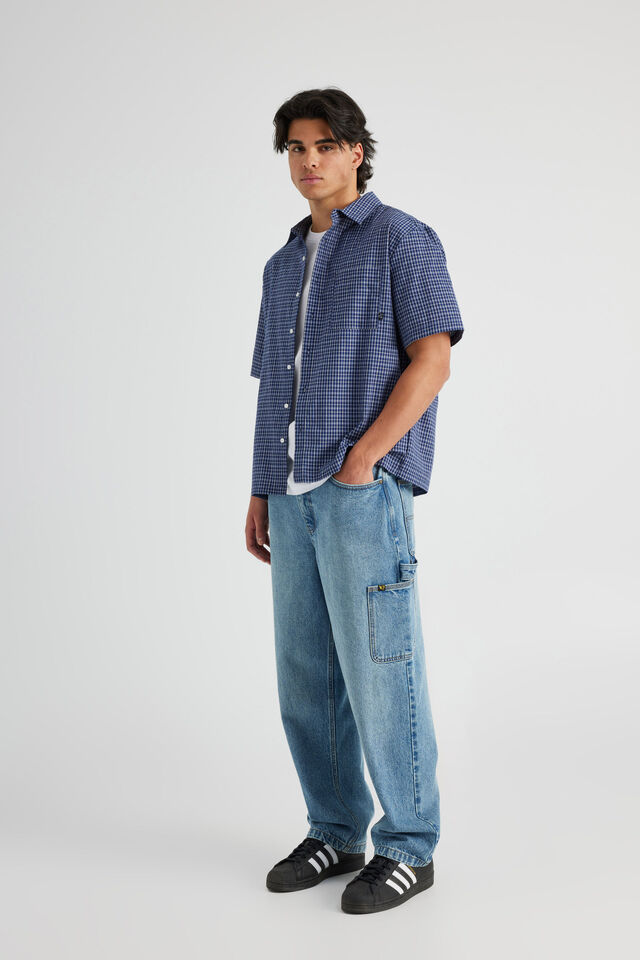 Half Half Short Sleeve Shirt, INK BLUE CHECK
