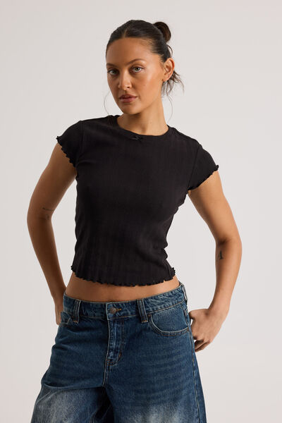 Riley Pointelle Top, BLACK