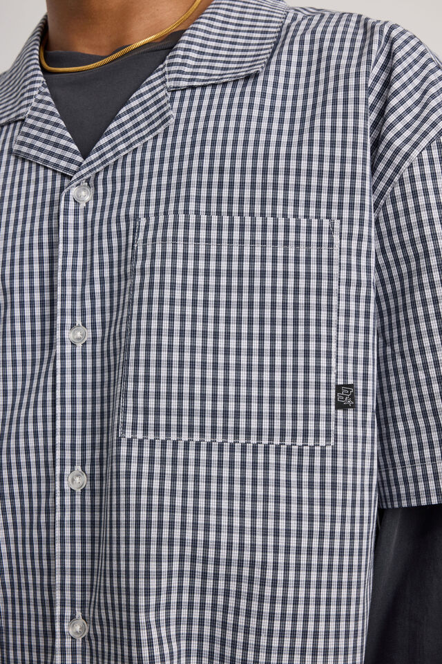 Half Half Boxy Cropped Short Sleeve Shirt, HH MIDNIGHT BLUE/CHECK