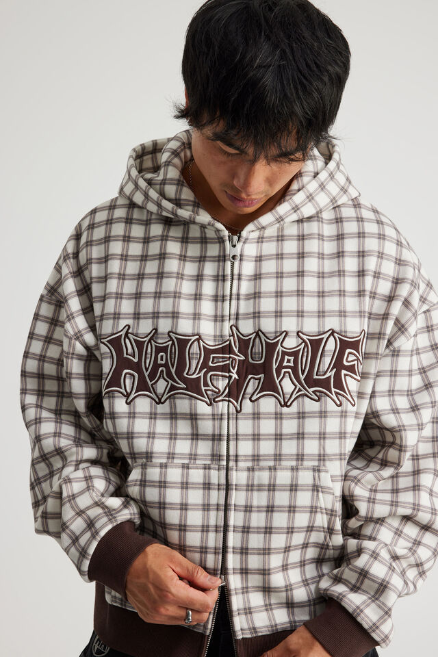 Half Half Zip Thru Hoodie, HH BROWN CHECK/SHRUBBERY