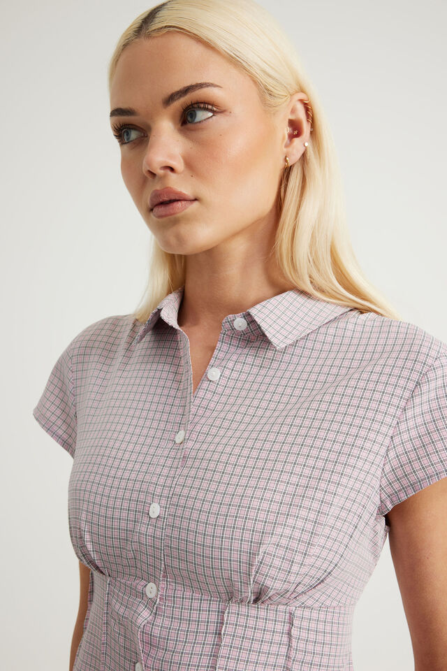 Short Sleeve Fitted Shirt, PINK CHECK