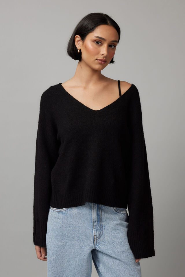 Charlie V Neck Knit Jumper, BLACK