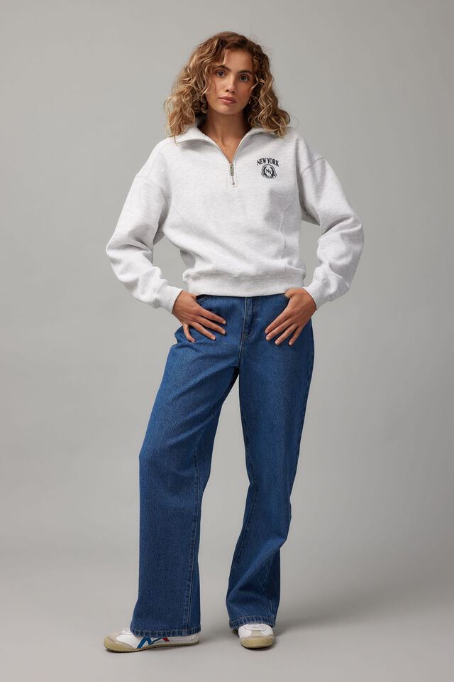 Slouchy Graphic Qtr Zip, SILVER MARLE/NYC