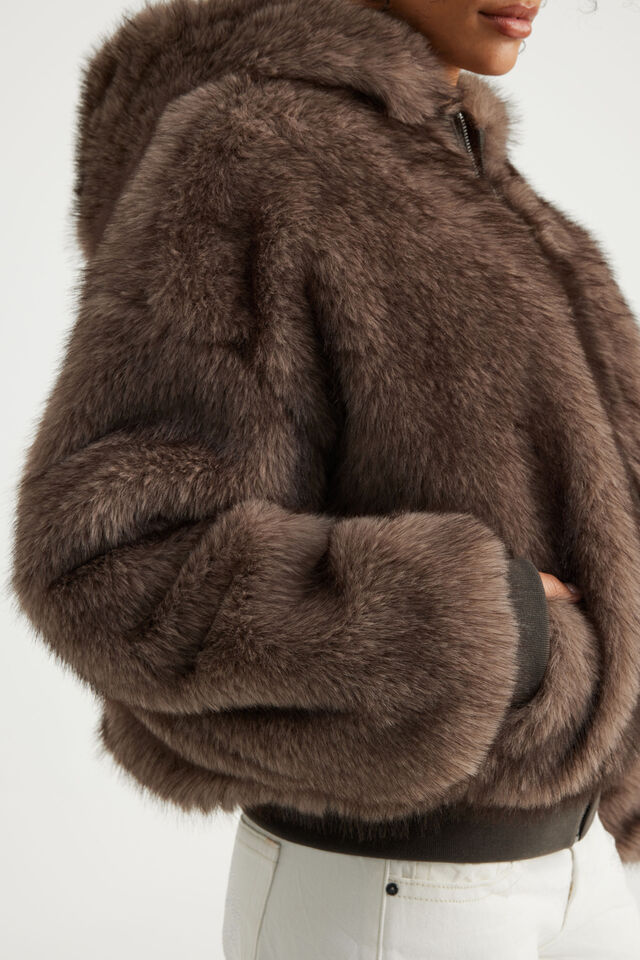 Cold Crush Faux Fur Bomber, MOCHA MATRIX