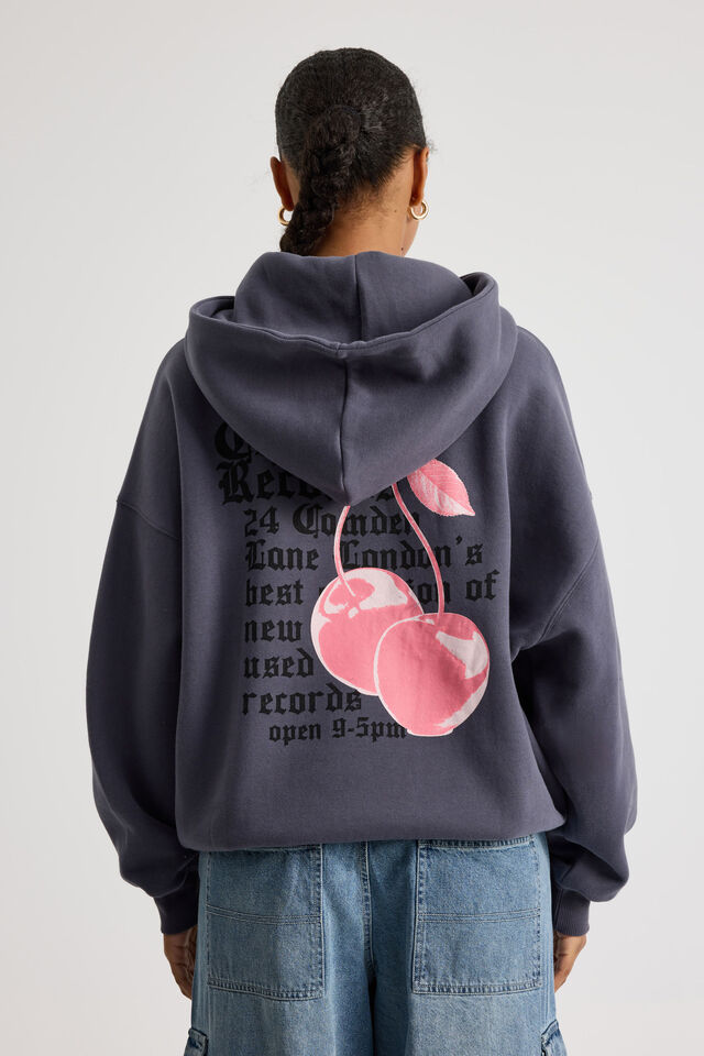 Harley Slouchy Hoodie, IRON GREY/CHERRY RECORDS