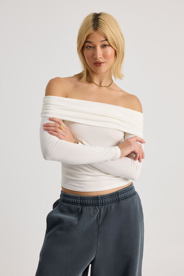 Shay Off Shoulder Long Sleeve Top, MARSHMELLOW