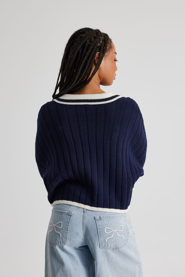 Sara Polo Knit Crop Jumper, NAVY BLAZER/OFF WHITE