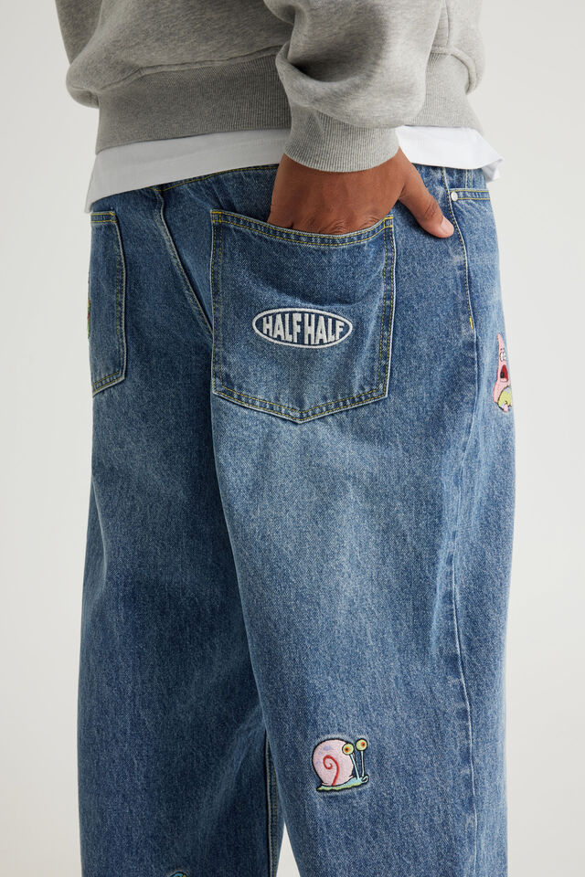 Spongebob X Half Half Painter Baggy Denim Jean, LCN NIC TDAL BLUE/SPONGEBOB