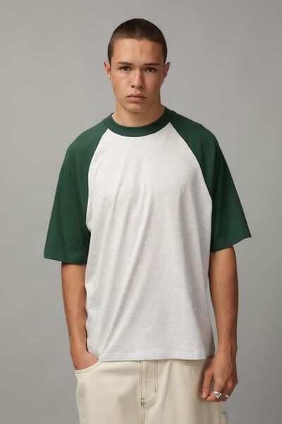 Box Fit Raglan T Shirt, SILVER MARLE/CLUB GREEN