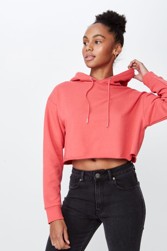 Raw Edge Crop Hoodie, WASHED TOMATO