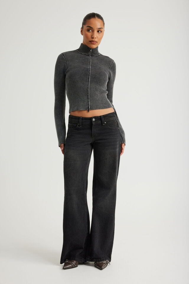 Knit Zip Through, WASHED BLACK