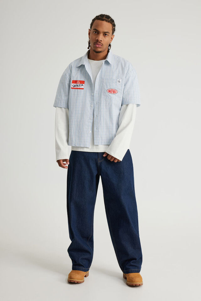 Lcn Spongebob X Hh Boxy Cropped Short Sleeve Shirt, LCN SPONGEBOB X HH BLUE CHECK/PATRICK STICKER