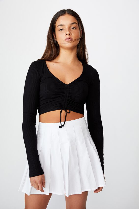 Long Sleeve Pull Front Top, BLACK
