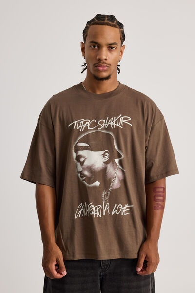 Box Fit Music Merch T Shirt, LCN BRA CEDAR/TUPAC CALI LOVE