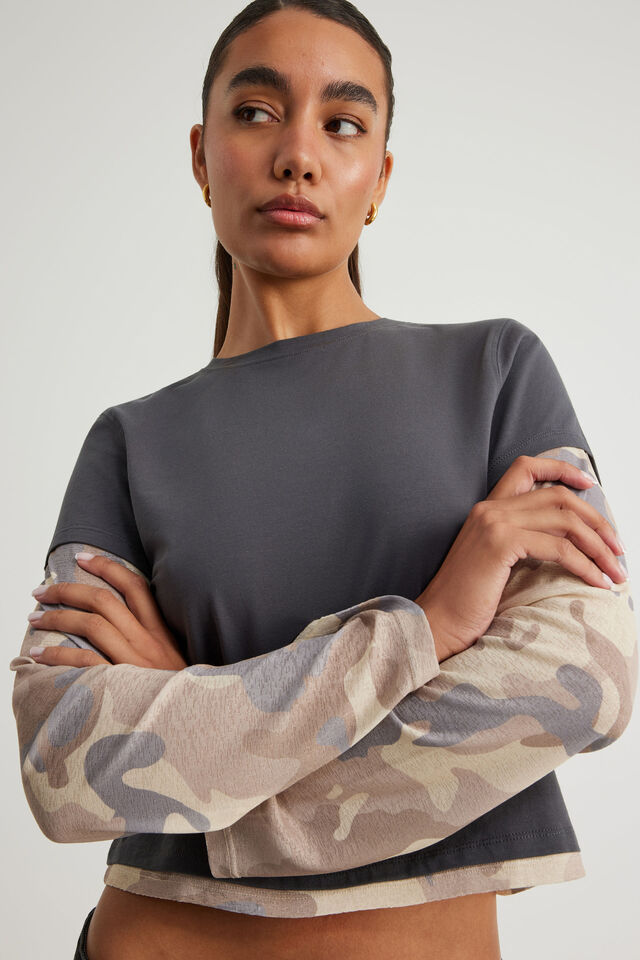 Layered Long Sleeve Top, SLATE/CAMO