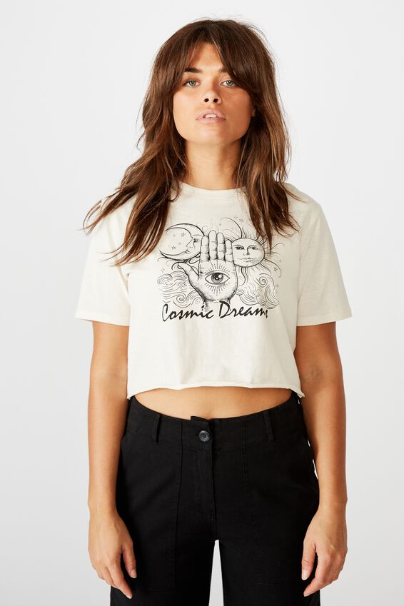 Short Sleeve Raw Edge Crop T Shirt, WASHED IVORY/COSMIC DREAMS