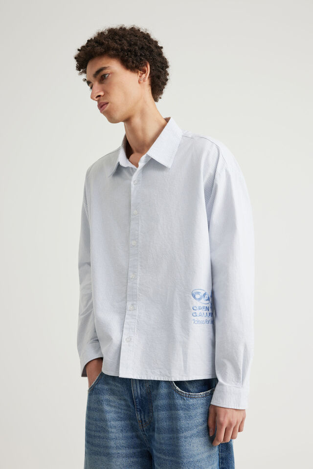 Open Gallery Boxy Cropped Long Sleeve Shirt, OPEN GALLERY BLUE MIST STRIPE W ARTWORK