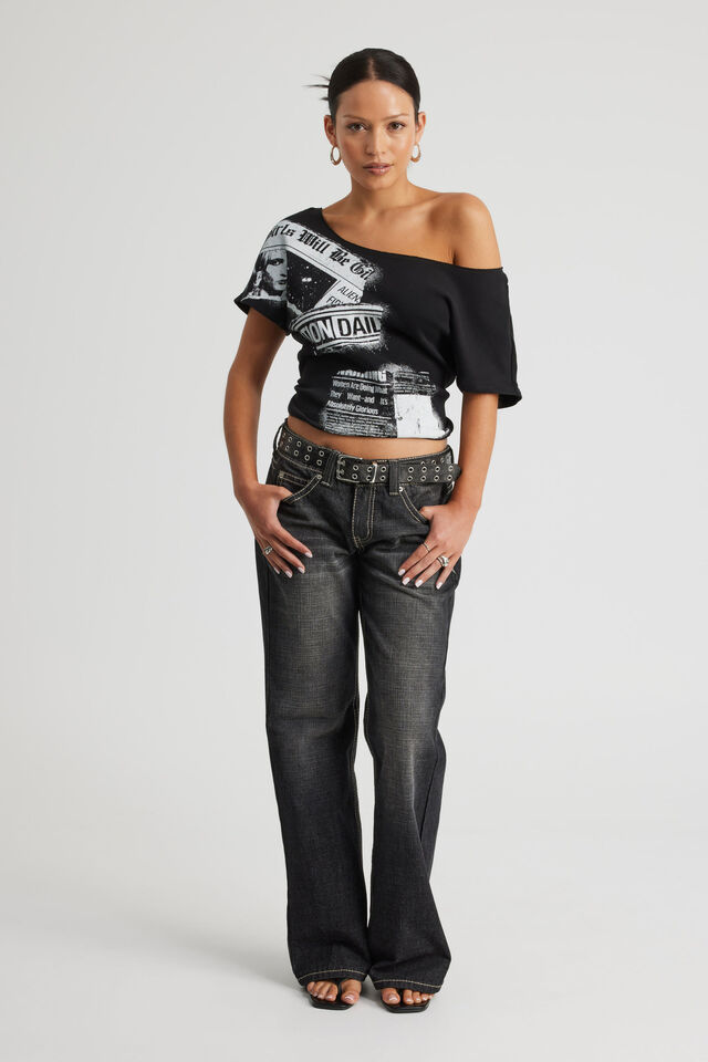 One Shoulder Graphic Tee, BLACK/NOTION DAILY