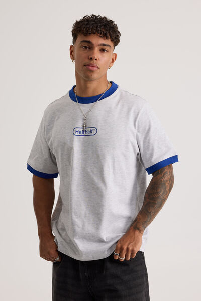 Half Half Slim Fit Ringer Tshirt, HH SILVER MARLE/BLUE WIDE HALF HALF PILL