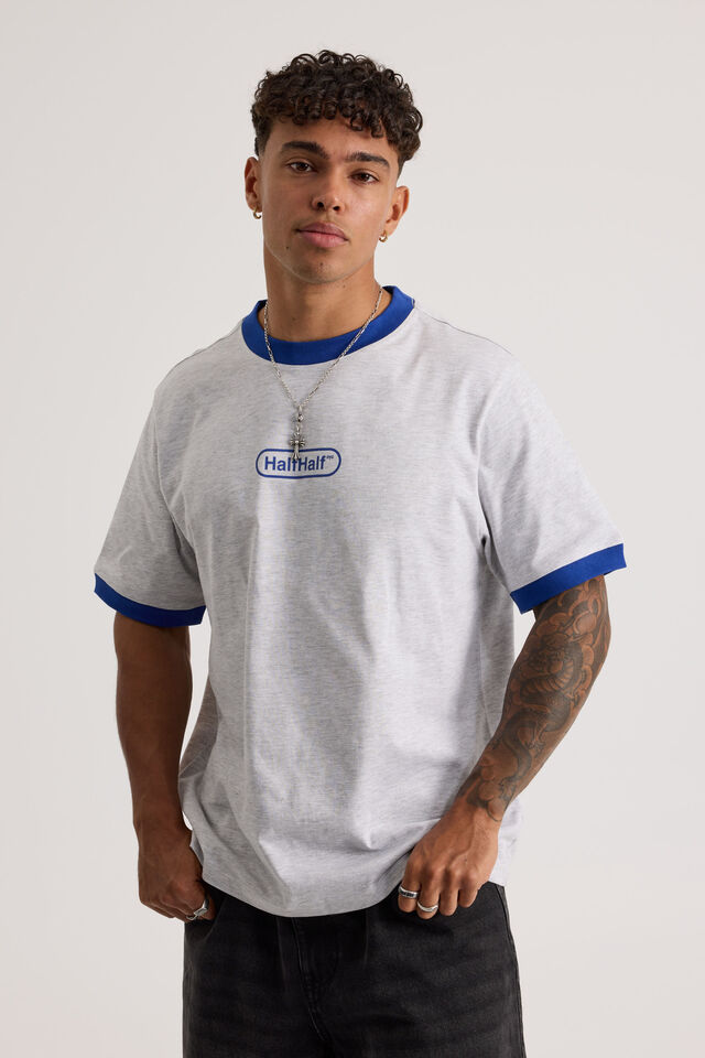 Half Half Slim Fit Ringer Tshirt, HH SILVER MARLE/BLUE WIDE HALF HALF PILL