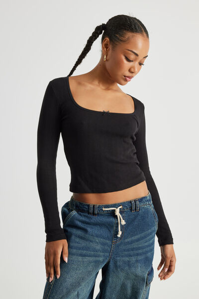 Ava Pointelle Long Sleeve Top, BLACK