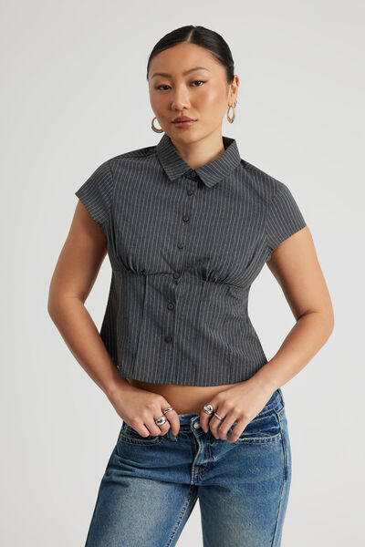 Short Sleeve Fitted Shirt, GREY PINSTRIPE