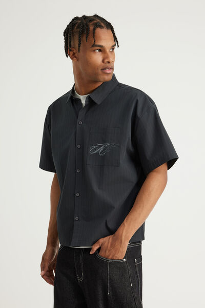Notion Boxy Cropped Short Sleeve Shirt, NOTION BLK GRITTY STRIPE/BACK GRAPHIC