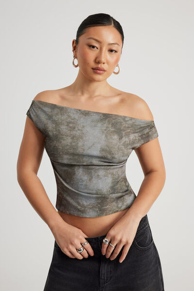 Textured Off Shoulder Top, GREY BROWN TIE DYE