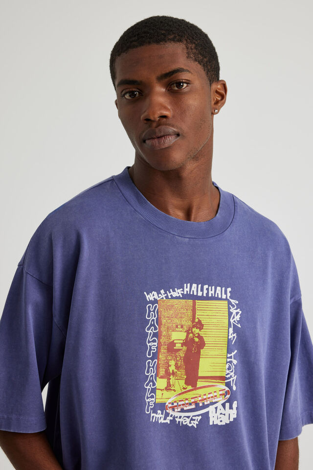 Half Half Boxy Cropped Graphic Tshirt, HH WASHED NEBULA/POLICE