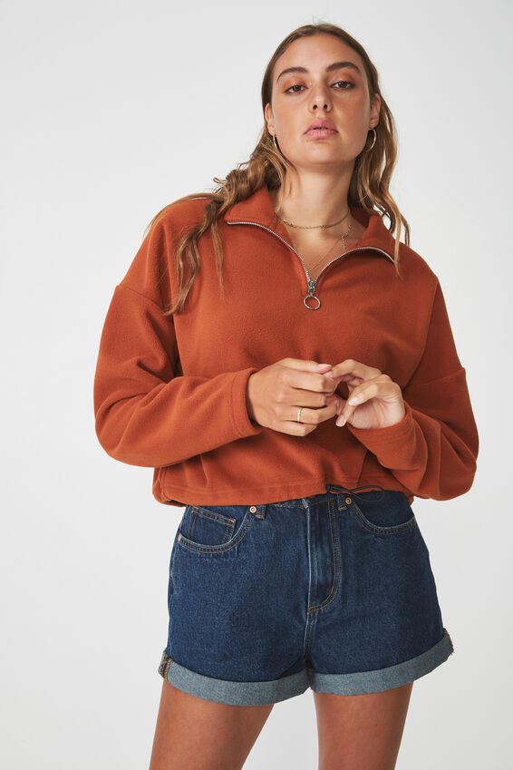 Crop Qtr Zip Polar Fleece, GINGERBREAD