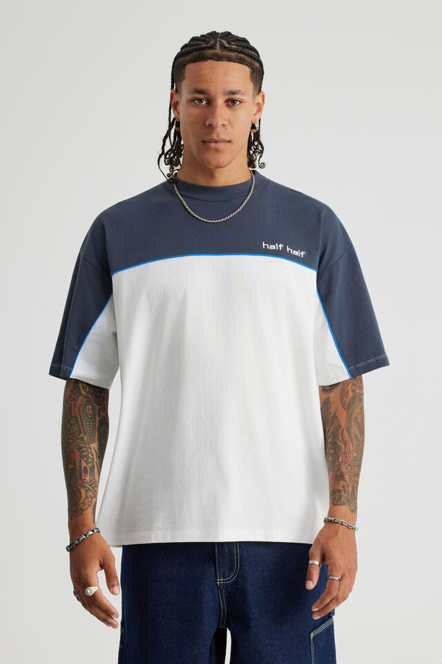 Half Half Box Fit Panelled Graphic Tshirt, HH CLOUD/SEAL PILL LOGO