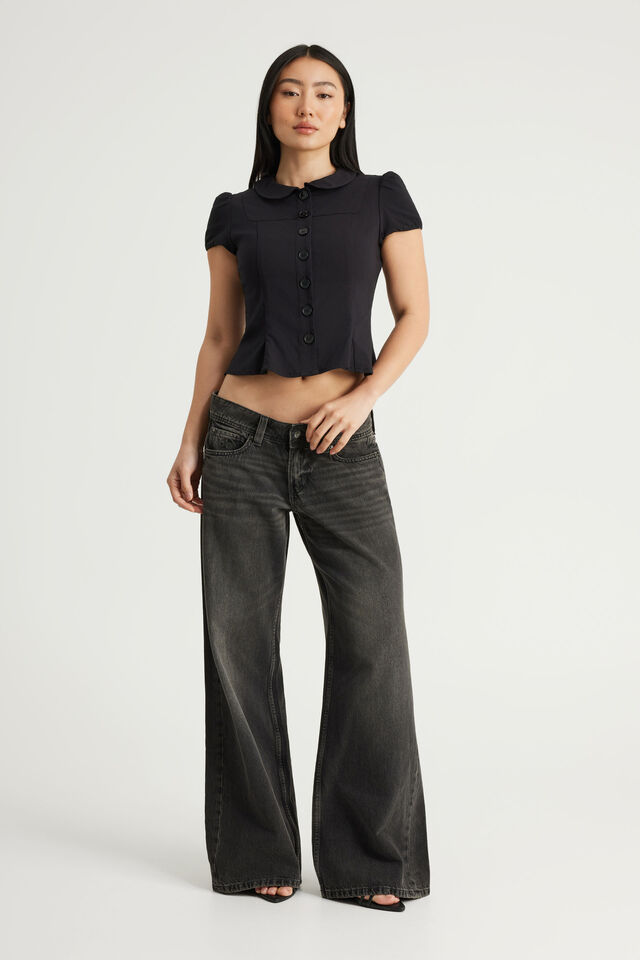 Puff Sleeve Button Up Shirt, BLACK