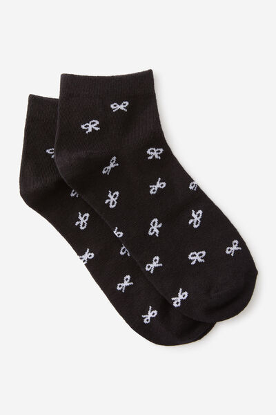 Girls Everyday Quarter Sock, BLACK WHT BOWS