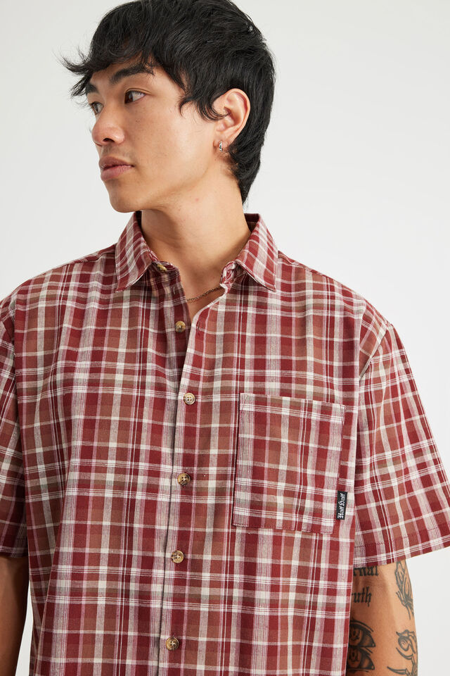 Half Half Short Sleeve Shirt, HH MERLOT CHECK