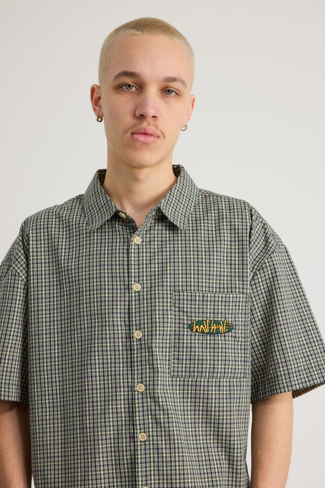 Half Half Boxy Cropped Short Sleeve Shirt, NAVY GREEN CHECK/HH PILL